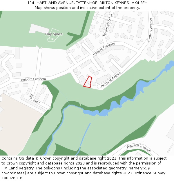 114, HARTLAND AVENUE, TATTENHOE, MILTON KEYNES, MK4 3FH: Location map and indicative extent of plot