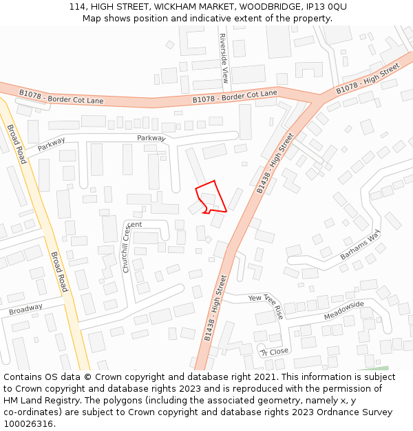 114, HIGH STREET, WICKHAM MARKET, WOODBRIDGE, IP13 0QU: Location map and indicative extent of plot
