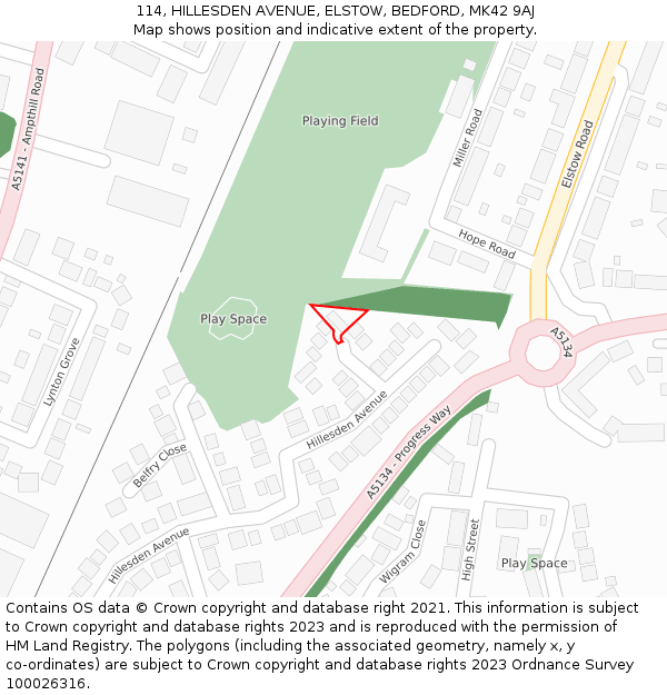 114, HILLESDEN AVENUE, ELSTOW, BEDFORD, MK42 9AJ: Location map and indicative extent of plot