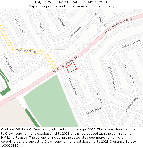 114, HOLYWELL AVENUE, WHITLEY BAY, NE26 3AF: Location map and indicative extent of plot