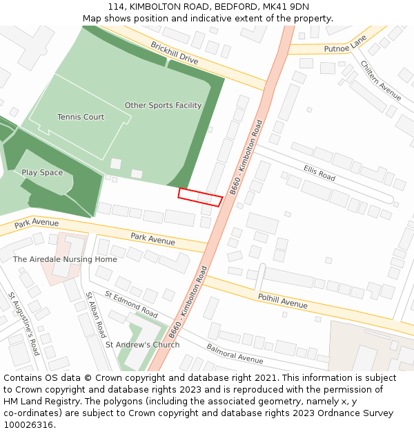 114, KIMBOLTON ROAD, BEDFORD, MK41 9DN: Location map and indicative extent of plot