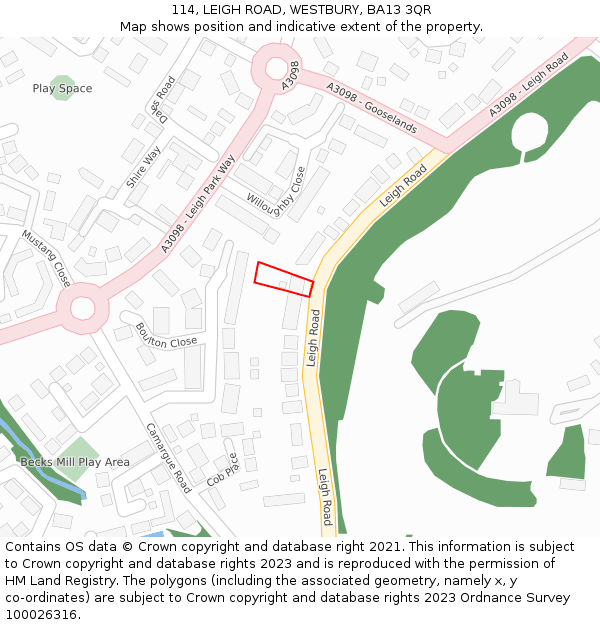 114, LEIGH ROAD, WESTBURY, BA13 3QR: Location map and indicative extent of plot