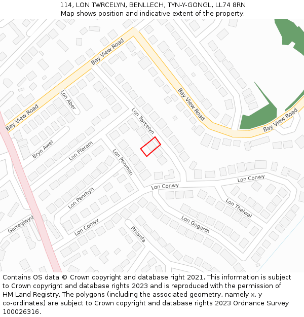 114, LON TWRCELYN, BENLLECH, TYN-Y-GONGL, LL74 8RN: Location map and indicative extent of plot