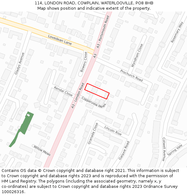 114, LONDON ROAD, COWPLAIN, WATERLOOVILLE, PO8 8HB: Location map and indicative extent of plot