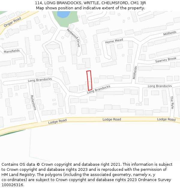 114, LONG BRANDOCKS, WRITTLE, CHELMSFORD, CM1 3JR: Location map and indicative extent of plot