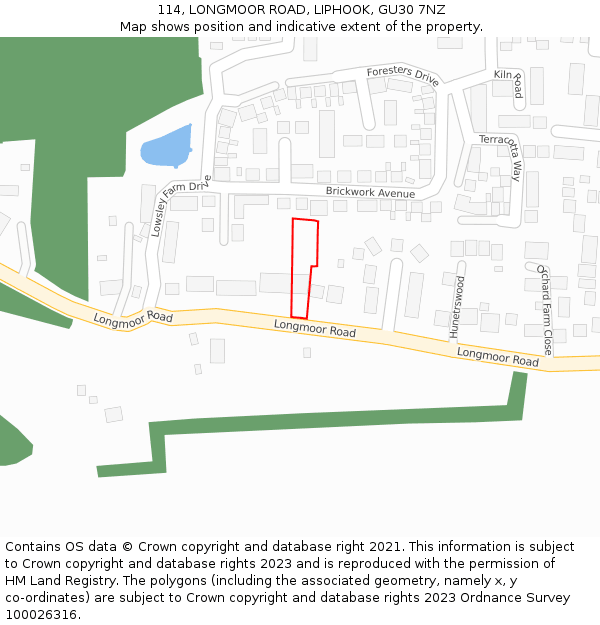 114, LONGMOOR ROAD, LIPHOOK, GU30 7NZ: Location map and indicative extent of plot