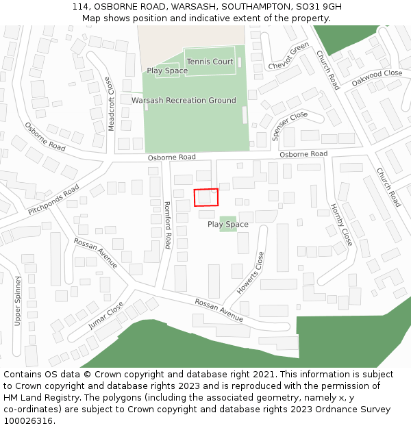 114, OSBORNE ROAD, WARSASH, SOUTHAMPTON, SO31 9GH: Location map and indicative extent of plot