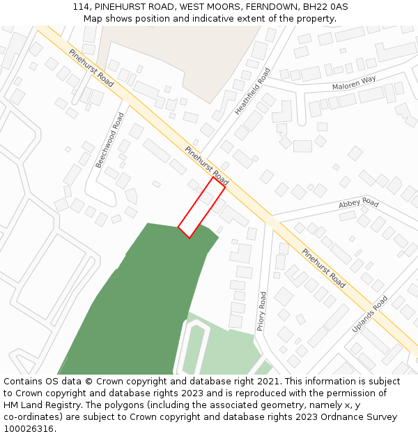 114, PINEHURST ROAD, WEST MOORS, FERNDOWN, BH22 0AS: Location map and indicative extent of plot