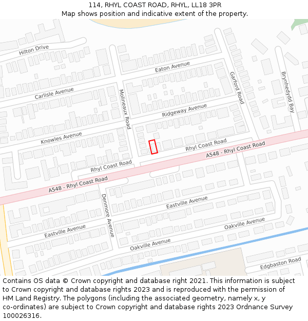 114, RHYL COAST ROAD, RHYL, LL18 3PR: Location map and indicative extent of plot