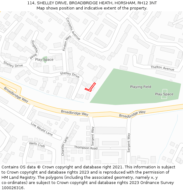 114, SHELLEY DRIVE, BROADBRIDGE HEATH, HORSHAM, RH12 3NT: Location map and indicative extent of plot