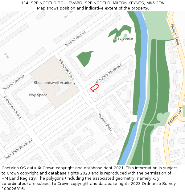 114, SPRINGFIELD BOULEVARD, SPRINGFIELD, MILTON KEYNES, MK6 3EW: Location map and indicative extent of plot