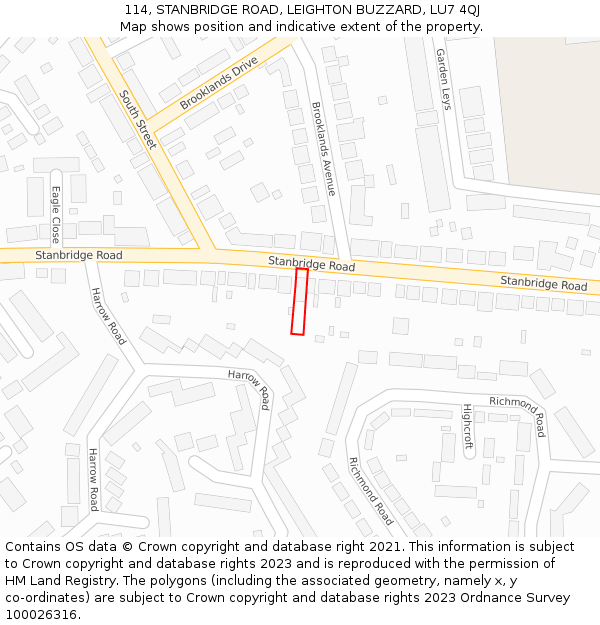 114, STANBRIDGE ROAD, LEIGHTON BUZZARD, LU7 4QJ: Location map and indicative extent of plot