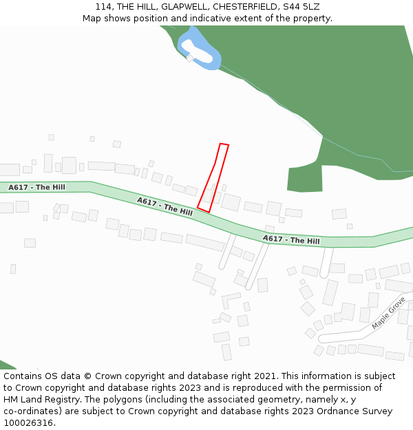114, THE HILL, GLAPWELL, CHESTERFIELD, S44 5LZ: Location map and indicative extent of plot