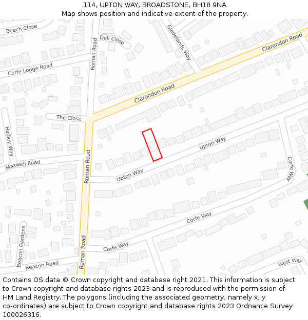 114, UPTON WAY, BROADSTONE, BH18 9NA: Location map and indicative extent of plot