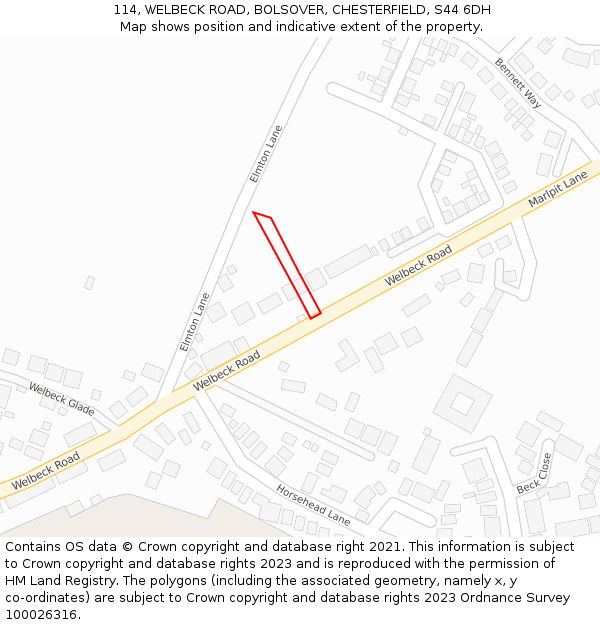 114, WELBECK ROAD, BOLSOVER, CHESTERFIELD, S44 6DH: Location map and indicative extent of plot