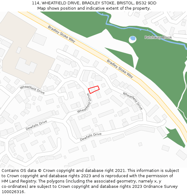 114, WHEATFIELD DRIVE, BRADLEY STOKE, BRISTOL, BS32 9DD: Location map and indicative extent of plot