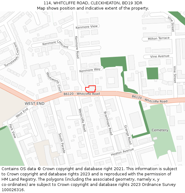 114, WHITCLIFFE ROAD, CLECKHEATON, BD19 3DR: Location map and indicative extent of plot