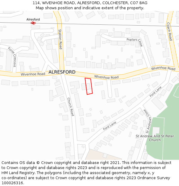 114, WIVENHOE ROAD, ALRESFORD, COLCHESTER, CO7 8AG: Location map and indicative extent of plot