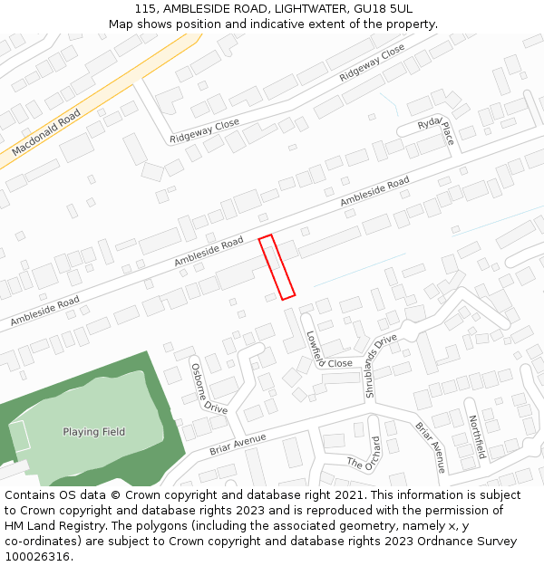 115, AMBLESIDE ROAD, LIGHTWATER, GU18 5UL: Location map and indicative extent of plot