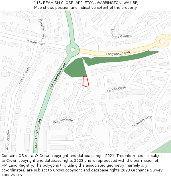 115, BEAMISH CLOSE, APPLETON, WARRINGTON, WA4 5RJ: Location map and indicative extent of plot