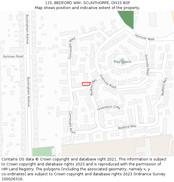 115, BEDFORD WAY, SCUNTHORPE, DN15 8GF: Location map and indicative extent of plot