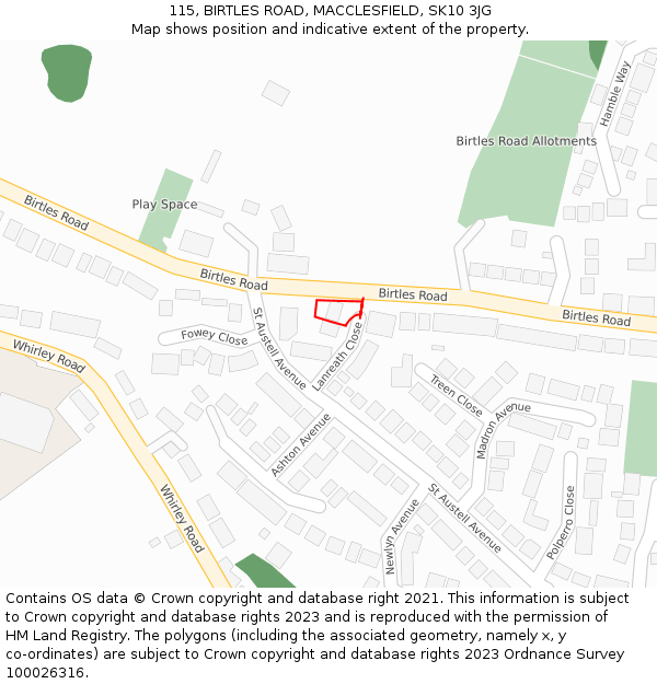 115, BIRTLES ROAD, MACCLESFIELD, SK10 3JG: Location map and indicative extent of plot