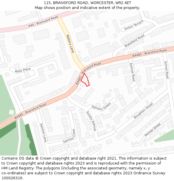 115, BRANSFORD ROAD, WORCESTER, WR2 4ET: Location map and indicative extent of plot