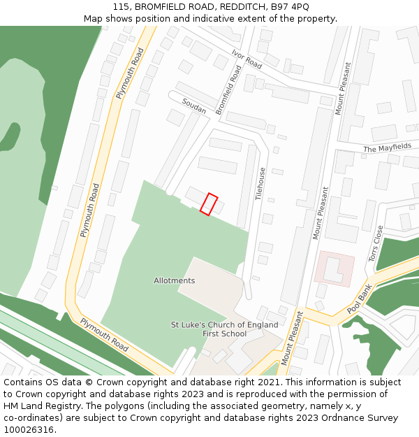 115, BROMFIELD ROAD, REDDITCH, B97 4PQ: Location map and indicative extent of plot