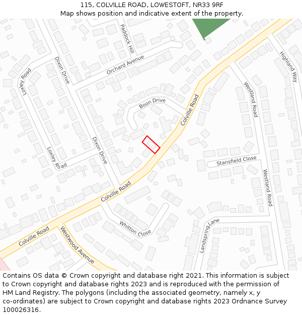 115, COLVILLE ROAD, LOWESTOFT, NR33 9RF: Location map and indicative extent of plot