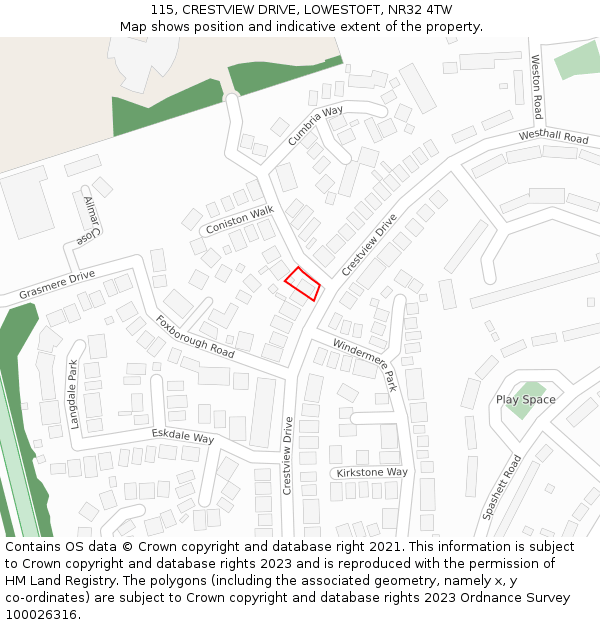115, CRESTVIEW DRIVE, LOWESTOFT, NR32 4TW: Location map and indicative extent of plot