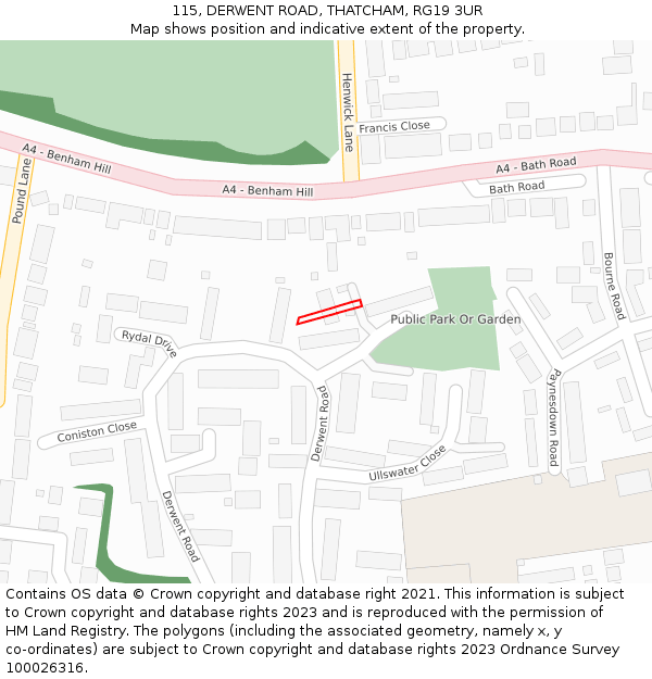 115, DERWENT ROAD, THATCHAM, RG19 3UR: Location map and indicative extent of plot