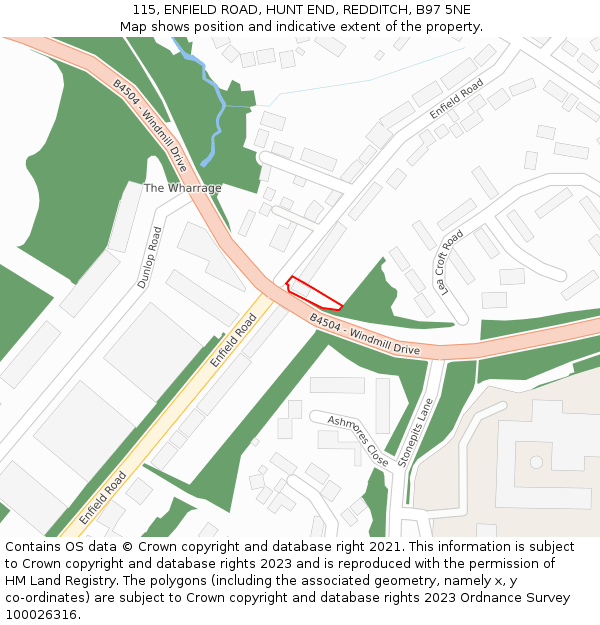 115, ENFIELD ROAD, HUNT END, REDDITCH, B97 5NE: Location map and indicative extent of plot