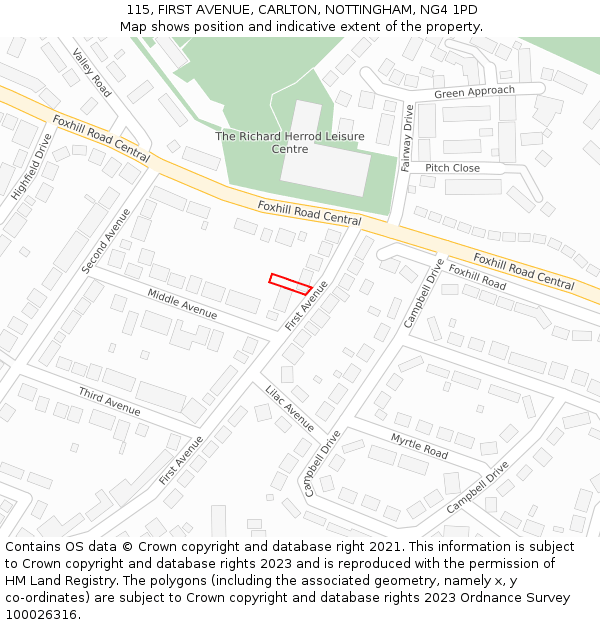 115, FIRST AVENUE, CARLTON, NOTTINGHAM, NG4 1PD: Location map and indicative extent of plot