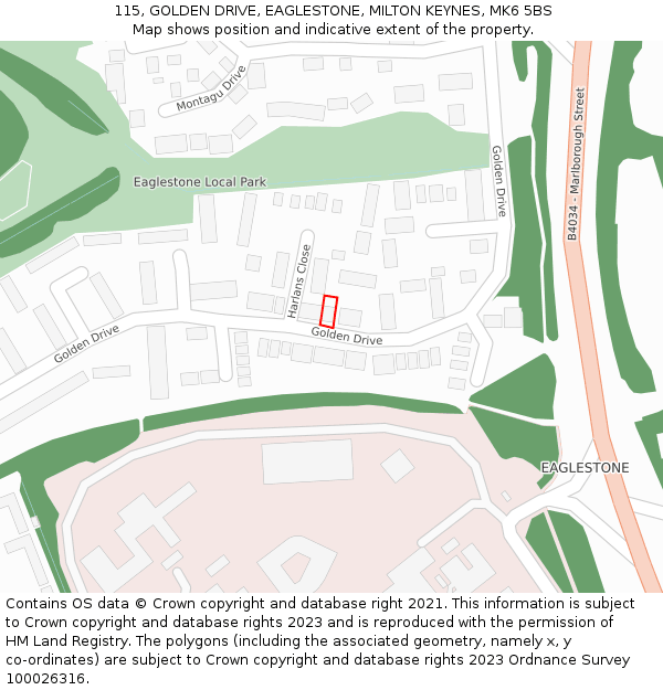 115, GOLDEN DRIVE, EAGLESTONE, MILTON KEYNES, MK6 5BS: Location map and indicative extent of plot