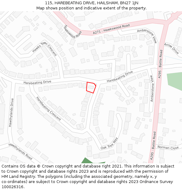 115, HAREBEATING DRIVE, HAILSHAM, BN27 1JN: Location map and indicative extent of plot