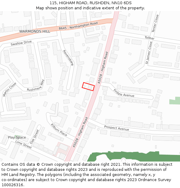115, HIGHAM ROAD, RUSHDEN, NN10 6DS: Location map and indicative extent of plot