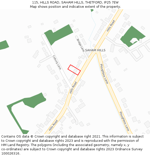 115, HILLS ROAD, SAHAM HILLS, THETFORD, IP25 7EW: Location map and indicative extent of plot