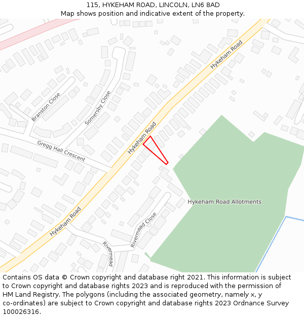 115, HYKEHAM ROAD, LINCOLN, LN6 8AD: Location map and indicative extent of plot