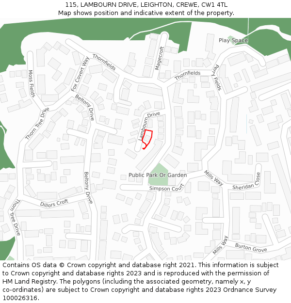 115, LAMBOURN DRIVE, LEIGHTON, CREWE, CW1 4TL: Location map and indicative extent of plot