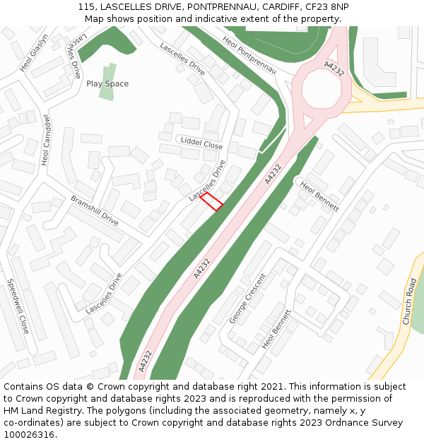 115, LASCELLES DRIVE, PONTPRENNAU, CARDIFF, CF23 8NP: Location map and indicative extent of plot