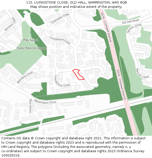 115, LIVINGSTONE CLOSE, OLD HALL, WARRINGTON, WA5 8QB: Location map and indicative extent of plot