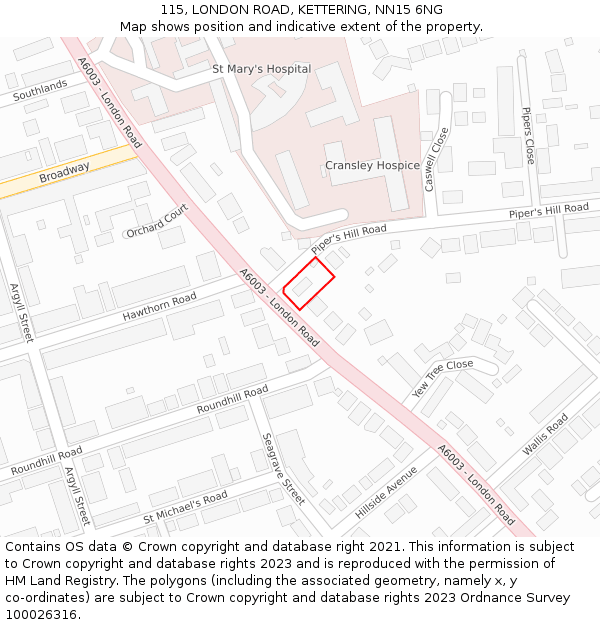 115, LONDON ROAD, KETTERING, NN15 6NG: Location map and indicative extent of plot