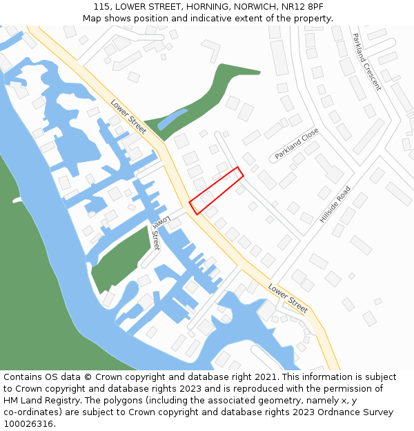 115, LOWER STREET, HORNING, NORWICH, NR12 8PF: Location map and indicative extent of plot