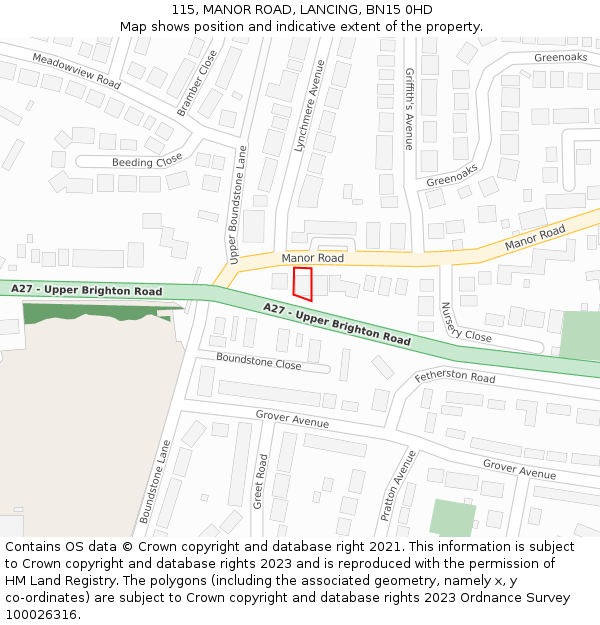 115, MANOR ROAD, LANCING, BN15 0HD: Location map and indicative extent of plot