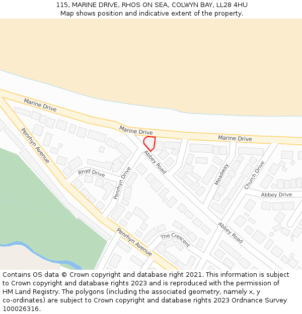 115, MARINE DRIVE, RHOS ON SEA, COLWYN BAY, LL28 4HU: Location map and indicative extent of plot