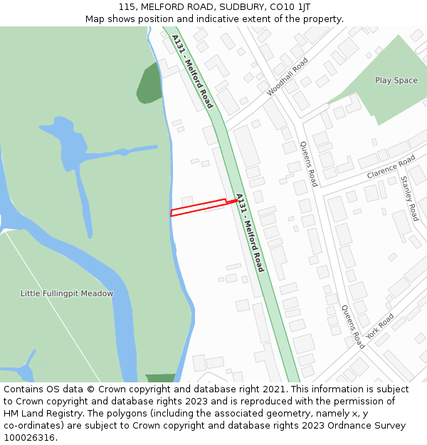 115, MELFORD ROAD, SUDBURY, CO10 1JT: Location map and indicative extent of plot