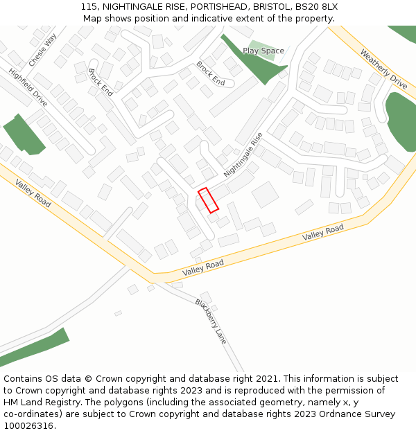 115, NIGHTINGALE RISE, PORTISHEAD, BRISTOL, BS20 8LX: Location map and indicative extent of plot