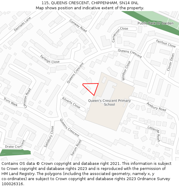 115, QUEENS CRESCENT, CHIPPENHAM, SN14 0NL: Location map and indicative extent of plot