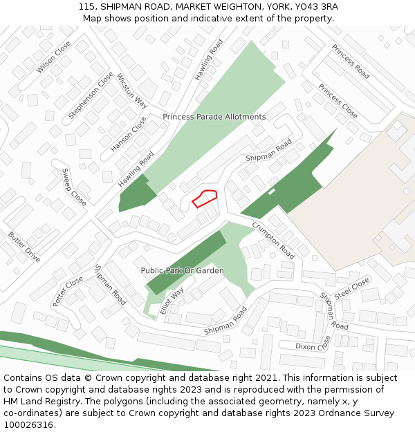 115, SHIPMAN ROAD, MARKET WEIGHTON, YORK, YO43 3RA: Location map and indicative extent of plot