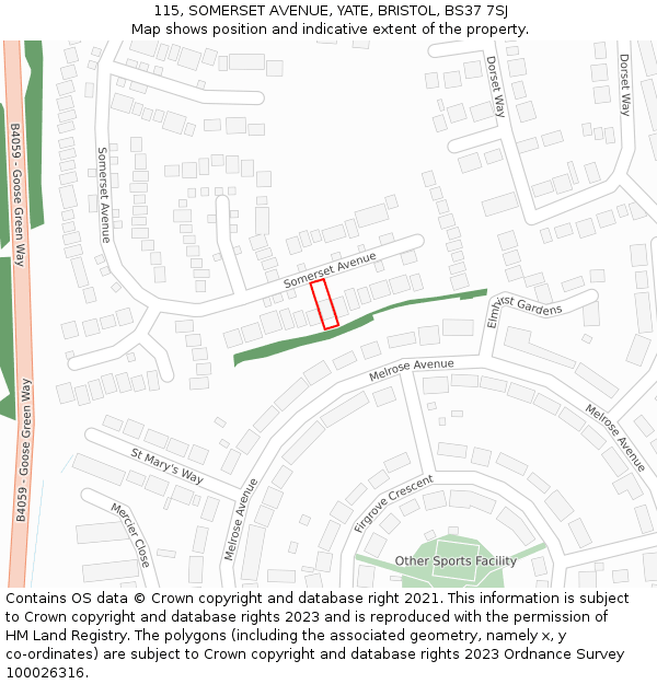 115, SOMERSET AVENUE, YATE, BRISTOL, BS37 7SJ: Location map and indicative extent of plot